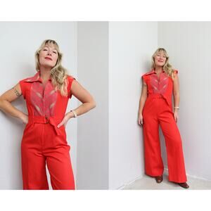 1970's Vintage PBJ by Jerell Red Wide Leg Dagger Collar Jumpsuit ~ Women's SM MD